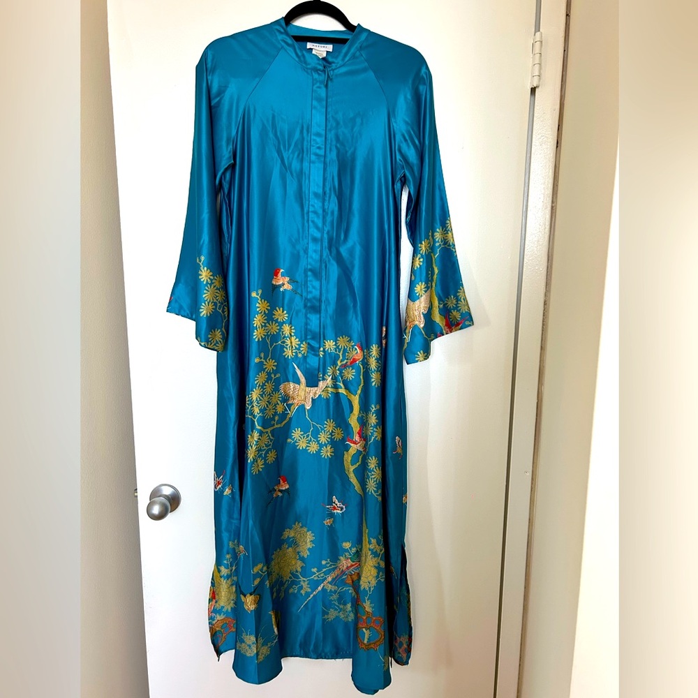 Natori Teal Kimono Robe with Floral Design zipper size xs